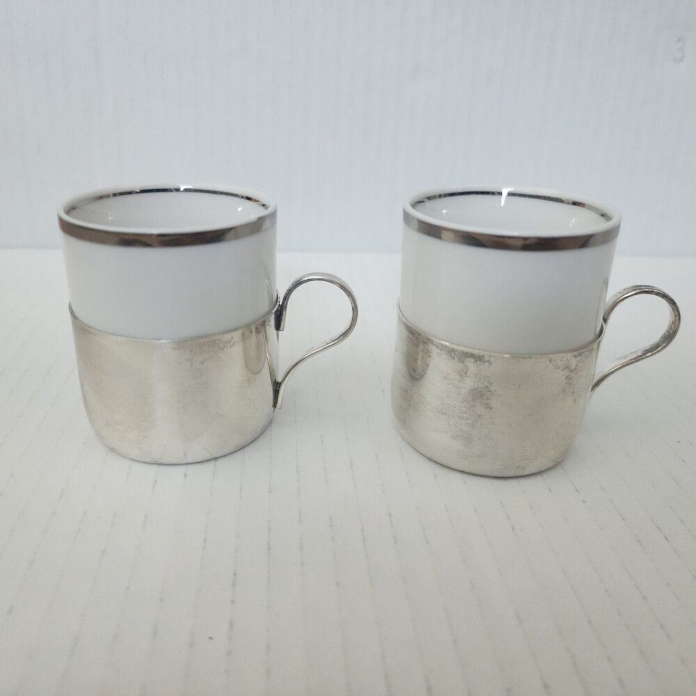 Cristofoli Prata 90 Set 2 Espresso Cups Ceramic Silver Plated Holders Brazil